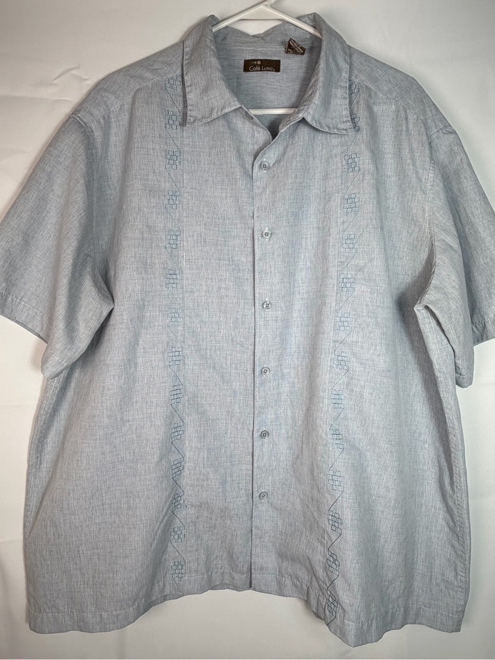 Cafe Luna Mens 2XL Short Sleeve Embroidered Camp Shirt Light Blue Coastal Resort